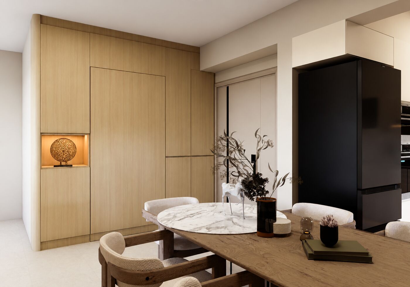 Warm dining nook with carpentry