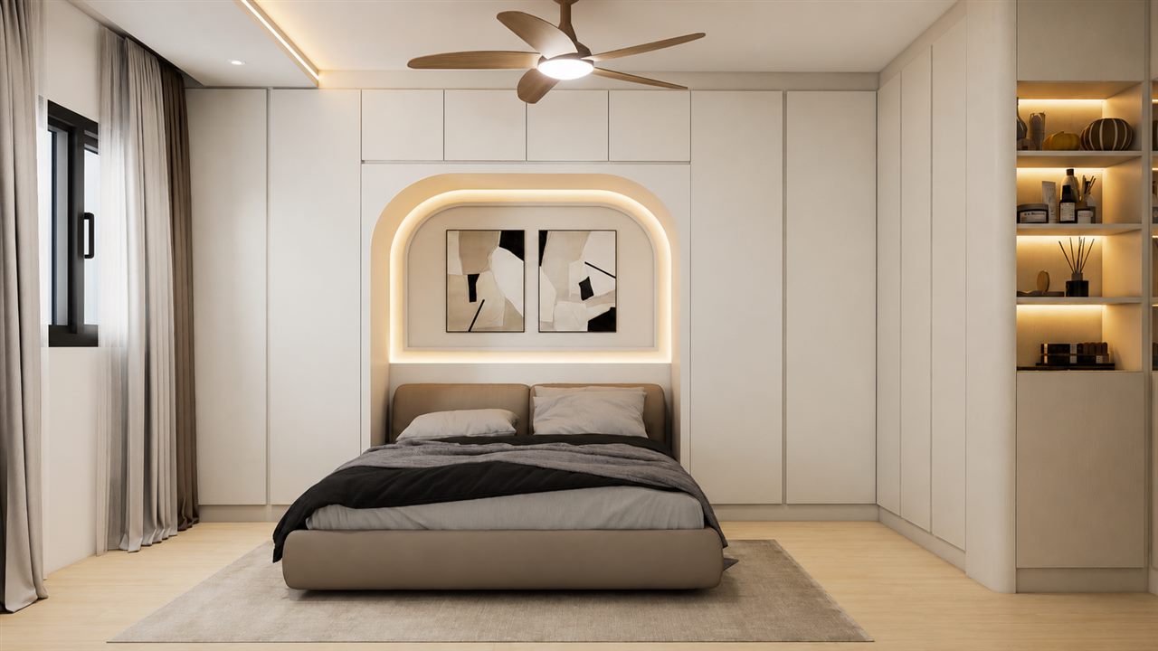 Master bedroom with backlit arch headboard